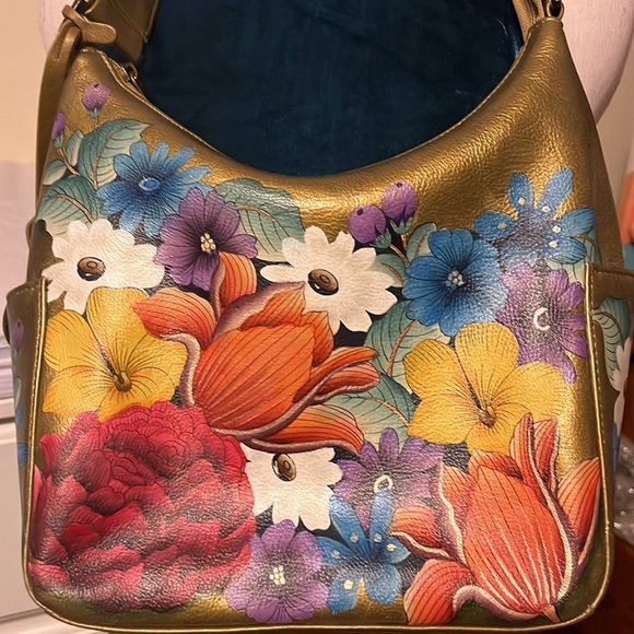 Anuschka hand painted leather golden hobo style shoulder bag - Picture 3 of 16